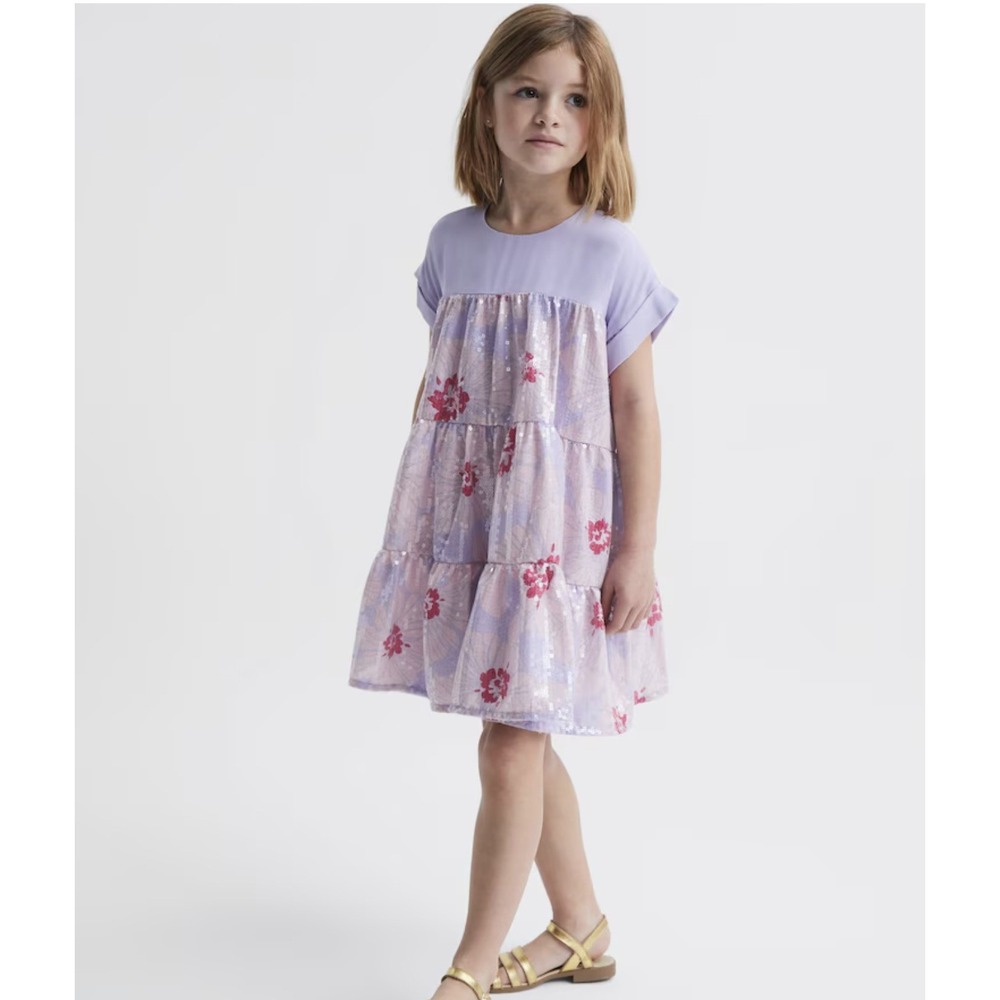 Reiss Lucie Purple Lilac Floral Sequin Tiered Dress Girls Age 4-5 years RTL $165